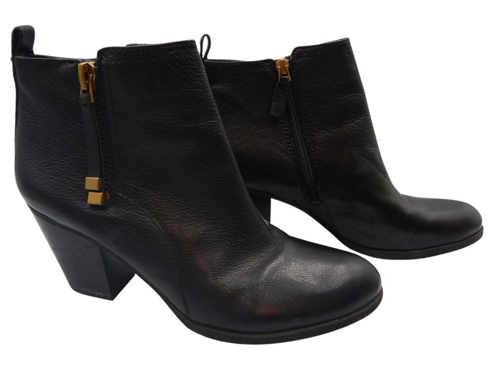 Franco Sarto Diana Leather Dual Side Zip Heeled Ankle Boots Black Size 9.5M